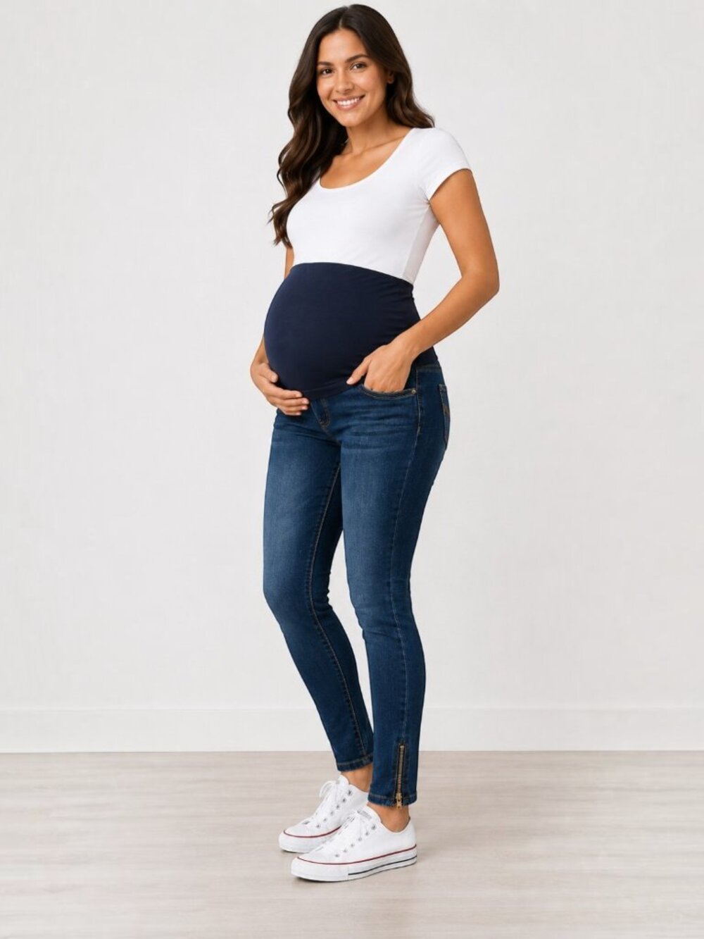 Haute Mama Maternity Skinny Ankle Zip Accent Jeans Over Belly Stretch Denim M - Picture 3 of 7